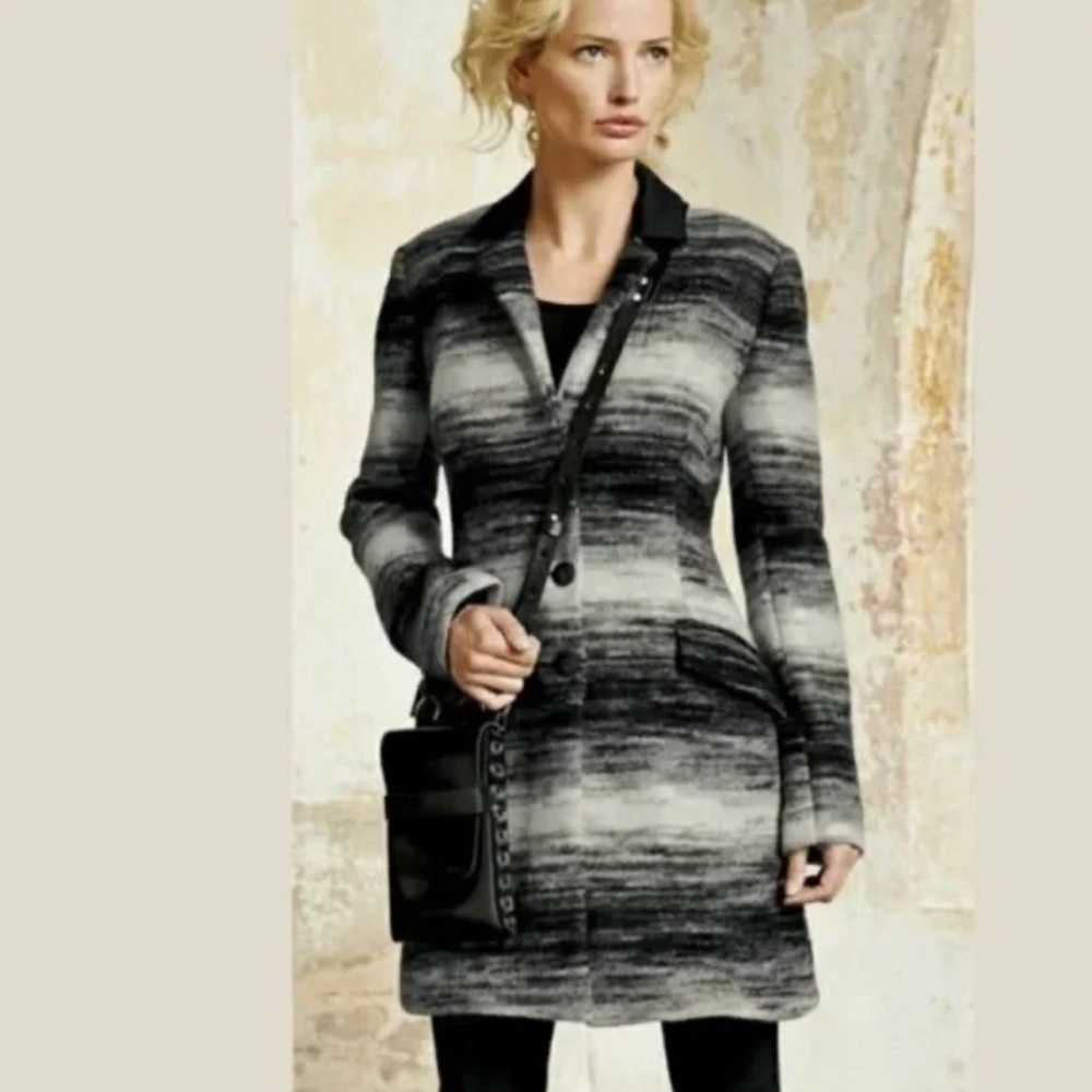 Peruvian Connection Virgin Wool Blend Black,Gray White Ombré Striped Coat Sz 10